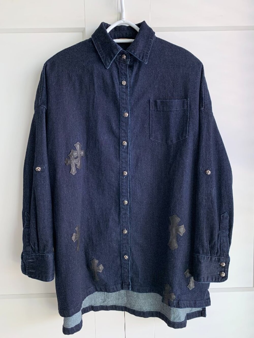 Chrome Hearts Inspired Soft Denim Cross Patch Blue Malhal Kita Shirt